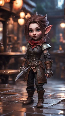 full figure with metallic stone gauntlets holding dark brown jagged dagger, standing on wet tiled floor outside fantasy tavern, focused female brownie vampire gnome from worms armageddon wearing makeup, bokeh like f/0.8, tilt-shift lens 8k, high detail, smooth render, down-light, unreal engine, prize winning