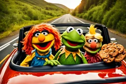 World Class Photograph of 3 Sesame Street muppets sitting in a convertible car and smiling on their road trip - one is Kermit the Frog, one is Cookie Monster, and one is Donald Trump