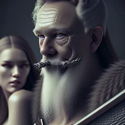 Viking theme, a younger woman sitting next to a 50-year-old man, portrait, 8K, close-up face, anatomically perfect face, Highly detailed stunning full frame portrait, misty and cloudy atmosphere