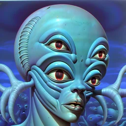 French surrealism animation art from 1970s, illustration of large blue alienoid creatures, mesmerizing, hallucinogenic tones, strange, creepy cutout style of animation of phantamosgoric giant blue alien with red eyes, Czech animation tradition, art by Roland Toper, Dali-esc environment, trance-like, Fantastic Planet aliens