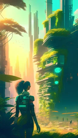 lush solarpunk cityscape with techy person in foreground