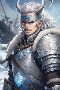 in anime style, 1man, a man with blue eyes and grey hair man in silver Viking armor with fur around the neck with blue crystal on his chest holding an axe in his hands standing on a pirate ship in the artic, warrior in anime style,