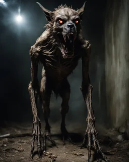 Full body Horrific Demon Decay Beast Creepy Canine tooth,creepy eyes light in realistic photography