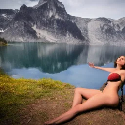 a sensual fantasy adventurer woman resting near a lake in the mountains