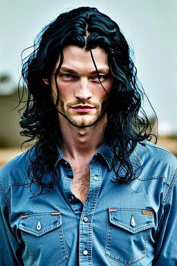 A man with long black hair, blue eyes, wearing a cowboy shirt and blue jeans