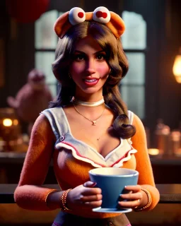 waitress woman with muppet mask that covers her entire head, retro style, Sesame Street style, smooth, unreal engine 5, god lights, ray tracing, RTX, lumen lighting, ultra detail, volumetric lighting, 3d.