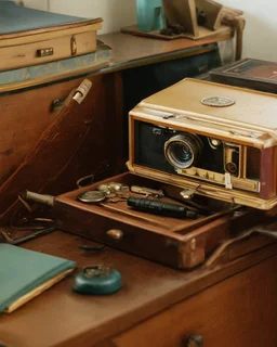 Very old stuff in a room, grandangle view, nostalgia, '50 style