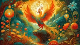 Slavic mythology fantasy illustration: enchanting garden with lush greenery and beautiful stone winding paths, with small tiny lanterns in the trees. Depict only one creature the Firebird. The body of the Firebird is adorned with feathers of vibrant red, orange, and gold, each one glowing with an otherworldly brilliance.