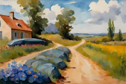 Sunny day, clouds, dirt road, flowers, mountains, big rocks, trees, sci-fi, winslow homer watercolor paintings