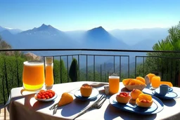 breakfast on a table on the terrace (orange juice, coffee in a cup, fruit, pastries), view of the mountains in the distance