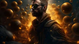 man like feel exploited by others in the style of colorful explosions, dark gold and dark brown, luminous spheres, frostpunk, blurred, ue5, symbolist themes