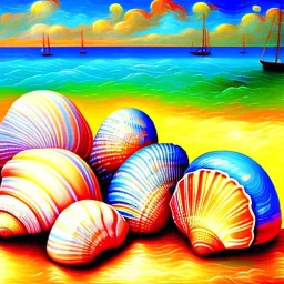 Dibujo al oleo de Conchas pintadas con nubes de colores en la orilla de la playa, con nubes de colores, barcas, con estilo de Van Gogh 4k