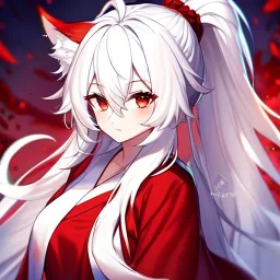 Clear focus, 8k, beautiful lighting, vibrant colors, fox girl, white hair, long hair, vibrant red eyes, ponytail, messy hair, hair in between the eyes, miko,