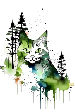 Watercolour effect, cat, forest abstract,roschCh ink blot test, white background, muted colour's.no black outline, no black colour only white more watercolour blobs, no black outline, other colours