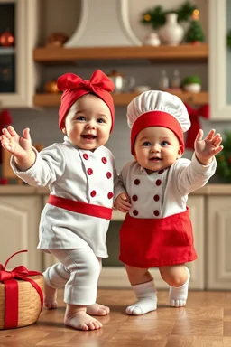 Hyperrealistic 3D images of beautiful 18-month-old babies dressed as chefs in a kitchen with a Christmas atmosphere, dancing and wishing a Merry Christmas.