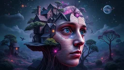 A hyper-detailed, surreal photographic composition blending impossible geometries with organic elements. At the center, a fragmented human face emerges from a village landscape, its features dissolving into: Architectural absurdity: Floating cottages with lace-like brickwork Celestial interference: Constellation patterns etched into skin pores Natural surrealism: Trees growing through eyeballs, roots forming mathematical fractals The scene glows with an eerie luminescence (deep indigo to violet