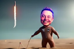 Elon musk as a Happy baby building a Very tall rocket out of sand on the beach. He is wearing a polkadot swimsuit