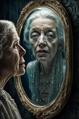 An image of a young woman gazing into a mirror, with subtle glimmers portraying the suspense and shock as the mirror reveals an old woman face