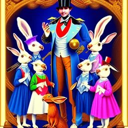 A magician stands in front of a group of children who sit in front of him on a mat on the floor and pulls out a rabbit from a top hat, the children look open-mouthed and wide-eyed and clap their hands, in the background a parrot stands on a pole and observes what is happening