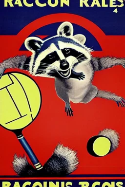 old man in 1928 poster advertising racoon tennis, raccons flying in air between tennis rackets while humans::4 use them as a tennis ball