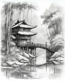 in bamboo forest, tree house on bamboo tree, small water fall nearby,bamboo forest, pen line sketch Inspired by the works of Daniel F. Gerhartz, with a fine art aesthetic and a highly detailed, realistic style