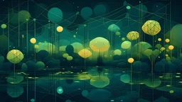 Contemplative, dreamy and ethereal illustration of a technological garden with a lake. Shapes are very geometric, grainy and with a little blur. Colors are dark blue, golden brown and electric green. Light background.