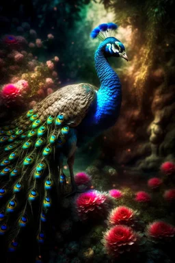 Create a picture of a strange colorful peacock standing near its twigs of branches and flowers lying on the river bank, decorated with flowers, highly detailed, maximalist, dreamy setting, high fine defined details, sharp, high resolution HDR 8x Modifiers: crisp quality Joris Hoefnagel Antonis Fylladitis velvety Lawrence alma tadema