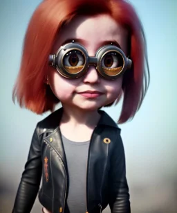 Female Minion toddler, steampunk, full body, red hair, leather jacket, dramatic lighting, hyper realistic