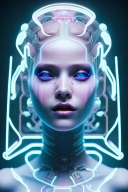 cyberpunk, head, women, portrai, tron sketch of a girl on lined paperA beautiful one nude body of a make up smiling woman blond long hair, alone, high key lighting, volumetric light high details with white stripes and blue eye, smiling with plump pink lips, flowers around, unreal engine petit prince belle fine, profil de trois quart, grand front cosmique, peau bleu cristalline, yeux bleu, perle sur le front long cheveux blond et rose etoilé, cristaux sur le corps, collier de grande princesse, l