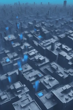 Dystopian city filled with blue flags