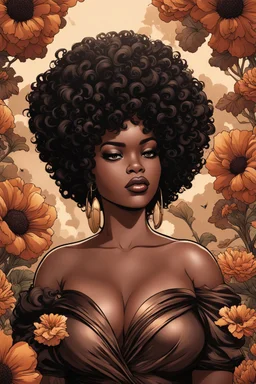 Create a comic book art image of a curvy black female wearing a brown off the shoulder blouse and she is looking down with Prominent makeup. Highly detailed tightly curly black afro. Background of large brown and black flowers surrounding her