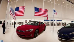A Tesla's 'Model S Plaid' is doing donuts, inside the 'National Air and Space Museum', in Washington, D.C. CINEMATIC. WIDE ANGLE LENS.
