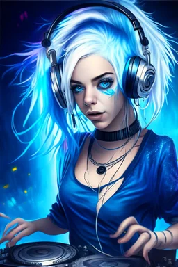 blue-white Haired Grey eyed Beautiful DJ girl spinning tunes at a disco club