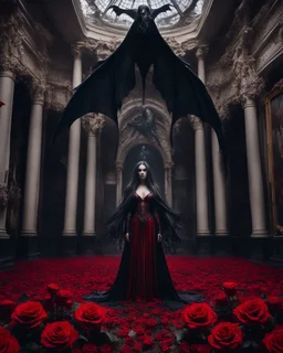 Facing front photography realistic Full body,creepy Vampire ghost woman long hair straddle wings bat she on standing on creepy,in mystery palace vampire,red roses flowers sorrounded background,dramatic angle, extreme angle shot, trypophobia, horror