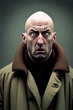 bald scared man in coat