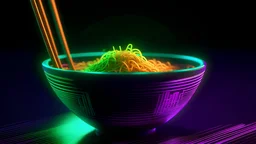 a bowl of noodle programming code, with chop sticks, purple orange green color, grit look, cyberpunk, high key lighting