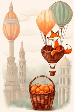 Color illustration of a ultra photo realistic happy red fox sitting "inside" a detailed wicker basket which is hanging below a perfect round orange colored hot air ballon nothing should be hanging from the basket, full image of hot air ballon, every element; fox, wicker basket, ballon should be in proportion to one another, in the background you can see the leaning tower of Piza