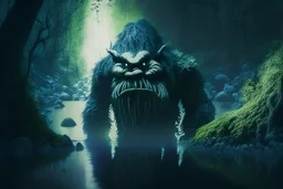 old photo of huge troll, by moonlit forest by stream, book illustration, fine detail, 4k, trending, volumetric light, depth of field