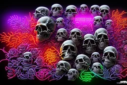 hundreds of non-anatomically correct, dark comic art, graphic novel,human skulls stacked into a wall unusual neon lighting, high velocity, 64k, dystopian, vray, a picture of a dark, comedic, anatomically correct wall of colorful tightly packed skulls of varying sizes and expressions, photo realistic, insanely meticulous, highly detailed, part of a collection of bones on display, 64k, dystopian, vray ,made with stained glass