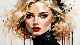 Blonde Pale Thin well endowed Scandinavian Woman 24yo, Big Eyes, red lipstick, Long Eyelashes And Eye Shadow smiling, wearing a black dress, femme fatale :: by Robert McGinnis + Jeremy Mann + Carne Griffiths + Leonid Afremov, black canvas, clear outlining, detailed