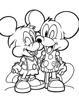 outline art for Mickey Mouse Kissing Minnie coloring page, Japanese manga style, cartoon style, cute face, white background sketch style, full body is a must, only use outline, clean line art, no shadow, bold outline