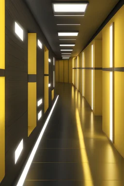 A long corridor of a yellow room with unlimited corridors. lights are on the ceiling. The corridor seems to go on indefinitely into the dark, unreal engine 5, octane render,