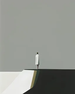 An enigmatic portrait of a figure standing at the edge of a cliff, overlooking a vast, unknown landscape, in the style of minimalism, simple shapes, limited color palette, and a focus on the subject's sense of wonder and curiosity, inspired by the works of Agnes Martin and Ellsworth Kelly, encouraging the viewer to contemplate the mysteries of the unknown.