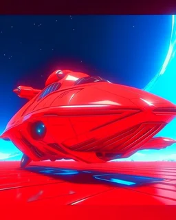 low view angle shot down from upper left front and showing the full vehicle, a RETROFUTURISTIC HOVERING CRAFT OF ALIEN ORIGIN, a beautiful look up modern is decorated with red abstract SKYLINE, all red background, , vray, raytracing