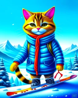 Hermosa Pintura coloreada de un gato antropomorfico con traje de esquiador, esquiando en la nieve, arte conceptual, calidad ultra, hiperdetallado,12k