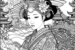 Visualize a black & white Japanese-themed art coloring book with thick contours & lines, all fitting within an 11x8.5 inch space. Geisha with a cyberpunk twist, adorned with futuristic accessories. Each image is intricately detailed, with bold & thick lines to make coloring a delightful experience, creating a dynamic fusion of Japanese-themed art coloring book.