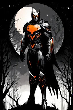 Owlman, comic style artwork, dark black, Orange and white, calm, full body