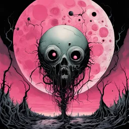 embryonic moon gloom, strange gurgling whisper low, morbid, surrealism, creepy, artistic, by Wotto, by Chris Bachalo, bright vivid colors, cel shaded, existential angst, sharp focus, sinister, abstractions, pink Floyd album cover art