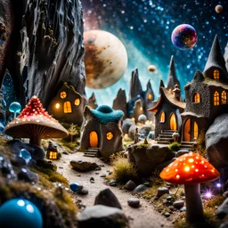 Close-up photograph of a village, naïve, people, houses, rock formations, stars and planets, animals, fungi, crystals, mineral concretions, extreme detail, intricate, volumetric light, colours, Tim Burton, Max Ernst, Yves Tanguy, sparkles, bokeh