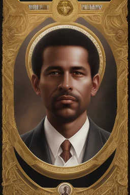 An extremely formal, funeral program on darkest bronze deeply pigmented velvet paper with brilliant, brightest heavy golden fonts, with a photograph on the front of the program of an strikingly handsome slightly tanned Biracial Black man of 50 years of age, with a slightly gray goatee dressed in a very dark conservative suit and tie, the photograph has a dark brown background or dark brown drapery background, simple, minimalistic, less element, very dramatic lighting